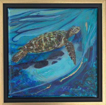 An acrylic painting of a sea turtle swimming underwater, framed in a black and gold floating frame. The painting features vibrant shades of blue, teal, and green, with the turtle depicted in profile.