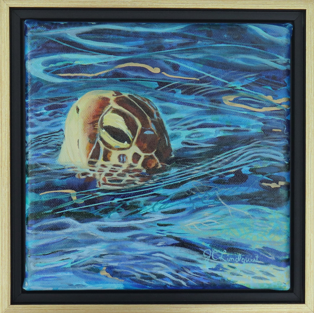A framed painting of a sea turtle swimming in blue water, with a black inner frame and a light wood outer frame. The artwork features textured brushstrokes in shades of blue, teal, and white, with the turtle's shell rendered in brown, beige, and cream tones. The frame is a black and gold floating frame.