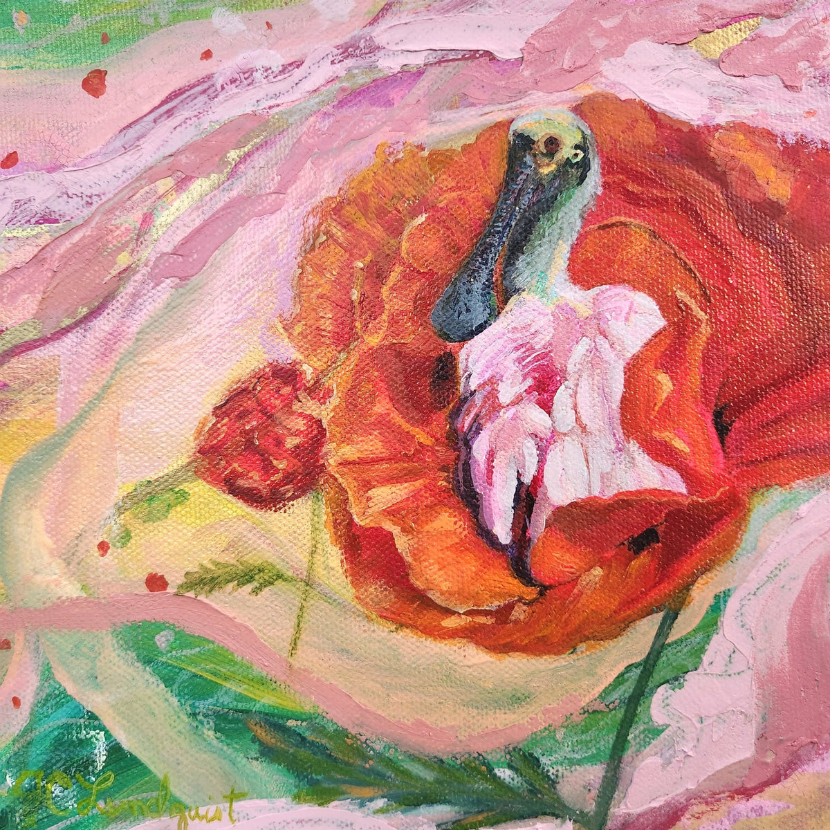 A colorful painted floral scene featuring a large orange-red flower with pink and white petals, green leaves, and a dark beak-like form above it, rendered in an expressive brushstroke style.