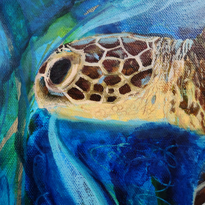Close-up of a painted sea turtle head surrounded by vivid blue and green water, with visible canvas texture and expressive brushwork.