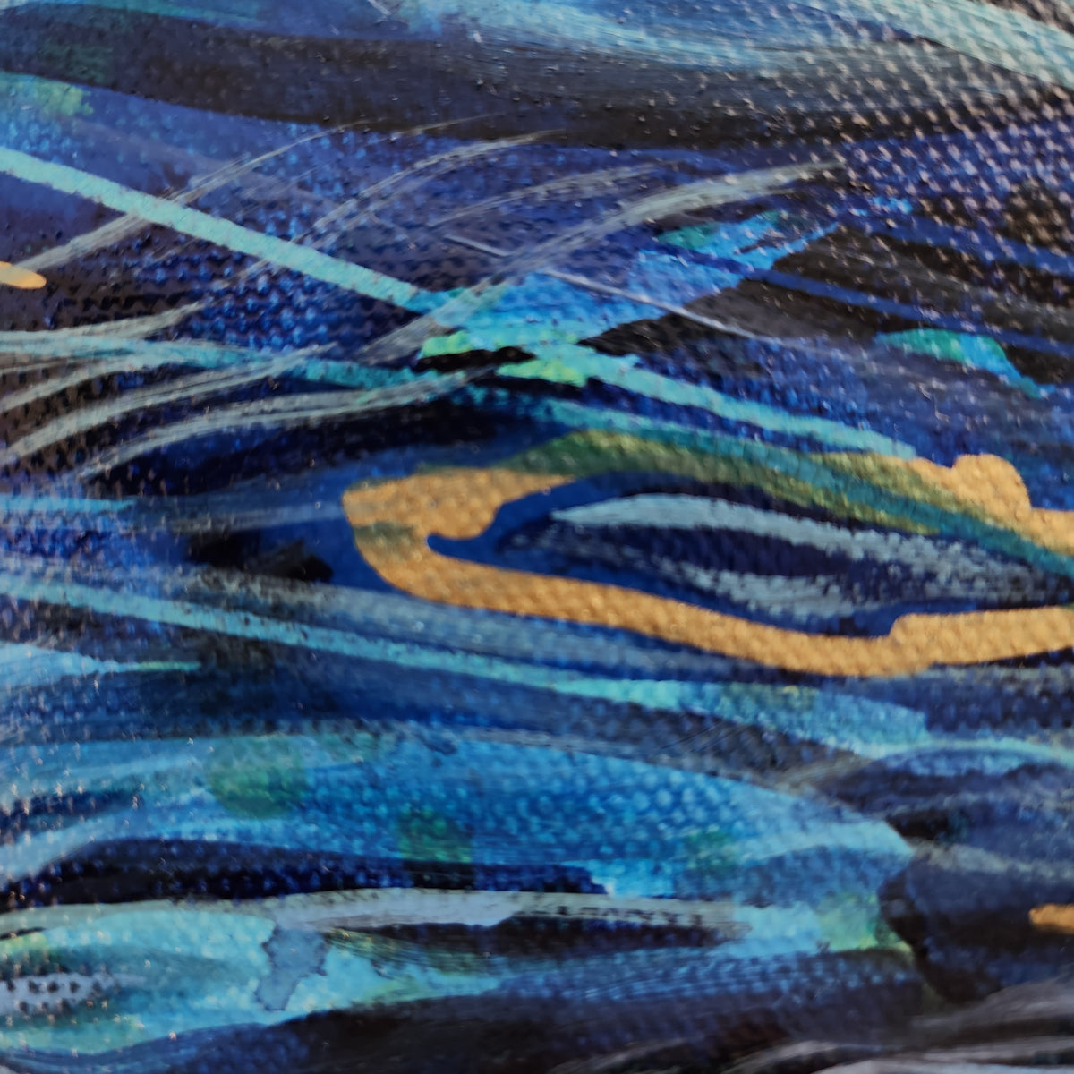 Abstract painting with textured brushstrokes in deep blue, navy, black, and bright cyan, accented by a flowing gold curve.
