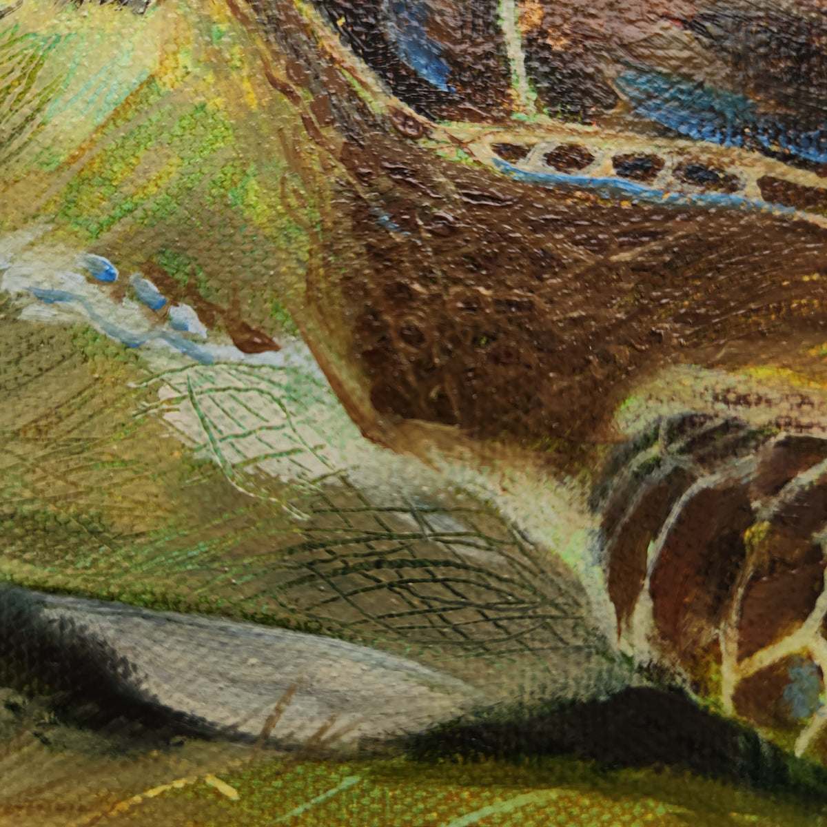 Close-up detail of an oil painting showing a sea turtle with textured brushstrokes in brown, green, beige, and blue.