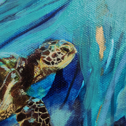 Close-up of a painted sea turtle in blue water with textured brushstrokes and a mix of turquoise, deep blue, green, gold leaf and brown tones.