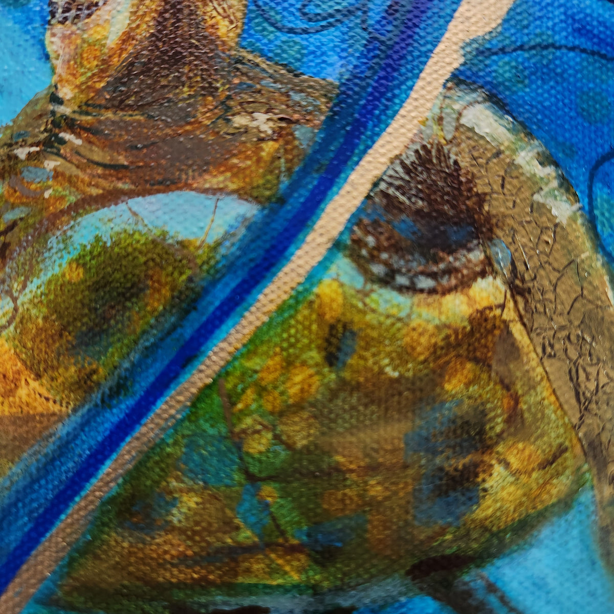 Close-up of an abstract textured painting featuring a blue diagonal stripe, earthy brown and gold forms, and visible canvas texture.