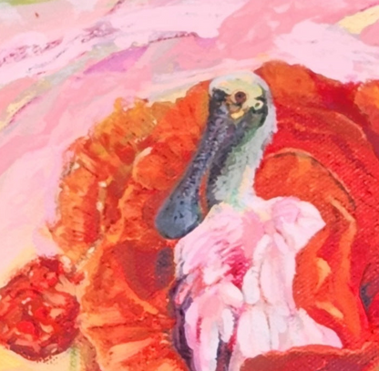 A close-up of a colorful painting depicting a bird with a dark beak and pale head, surrounded by vivid red, orange, and pink brushstrokes.