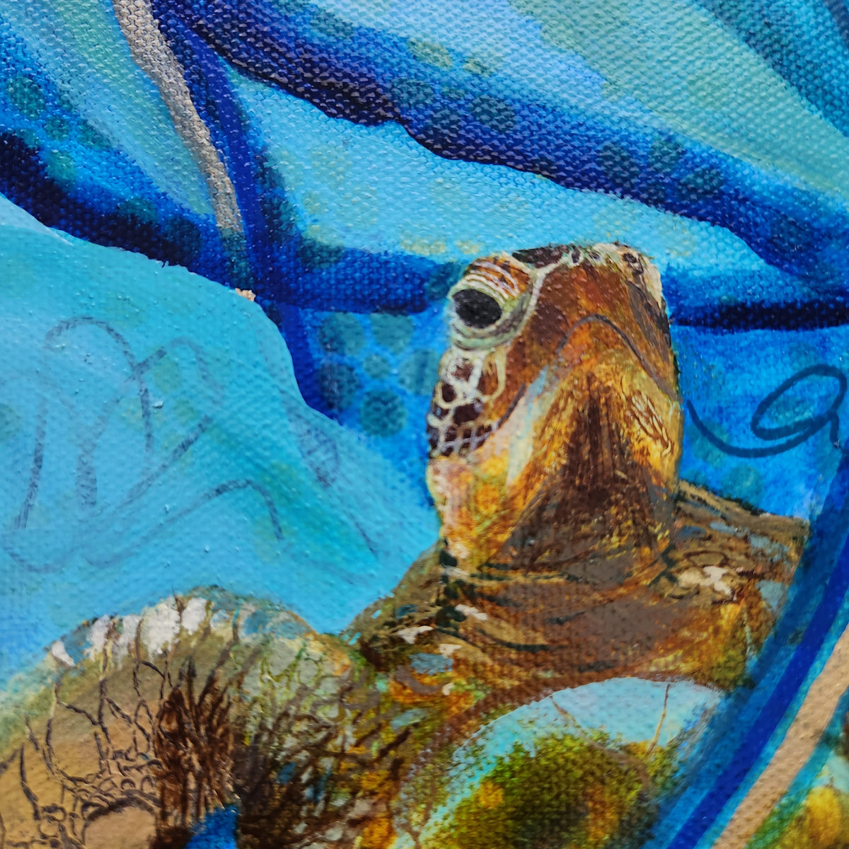 Close-up of a painted sea turtle underwater scene with vivid blue water and textured brushstrokes.
