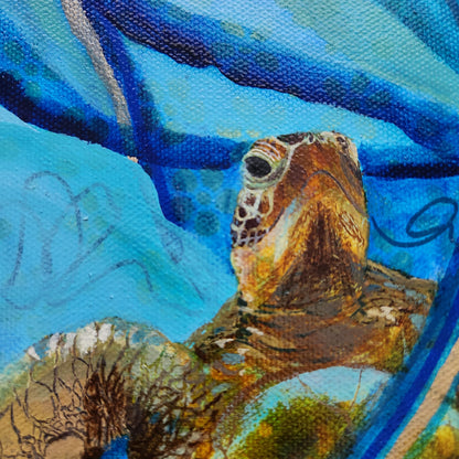 Close-up of a painted sea turtle underwater scene with vivid blue water and textured brushstrokes.