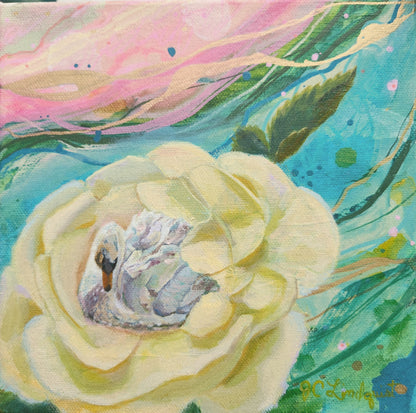 A colorful mixed-media painting of a white swan nestled inside a large pale yellow flower, set against a vibrant background of pink, green, and teal abstract brushstrokes.