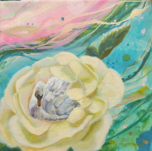 A colorful mixed-media painting of a white swan nestled inside a large pale yellow flower, set against a vibrant background of pink, green, and teal abstract brushstrokes.