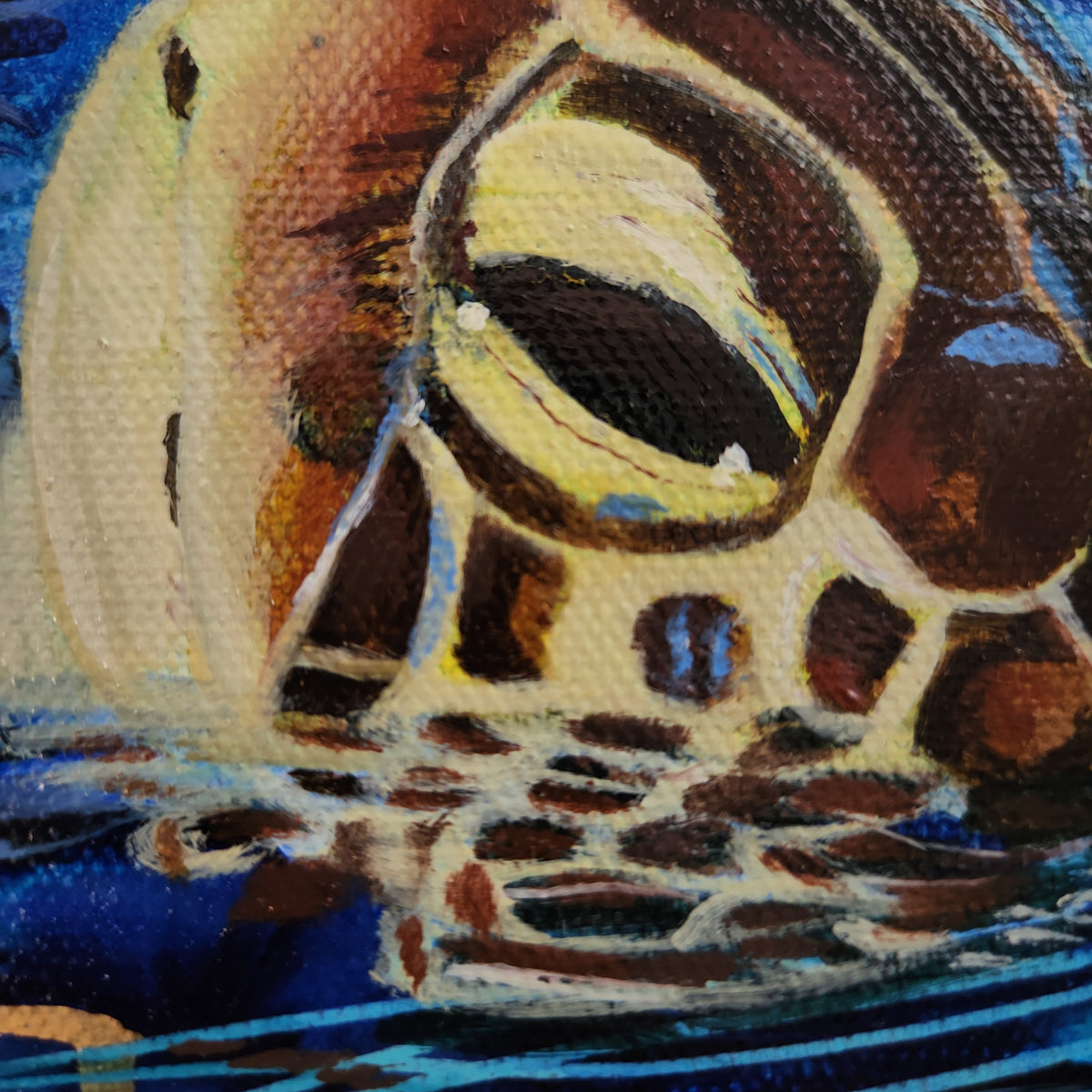 Close-up of a painted turtle head with textured brushstrokes in cream, brown, black, and deep blue water.